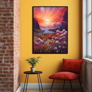 Puede incluir: Una impresi&oacute;n art&iacute;stica enmarcada representa una vibrante puesta de sol sobre un r&iacute;o y un campo de flores. La obra de arte presenta un cielo colorido con tonos de rojo, naranja y morado. Grandes flores esf&eacute;ricas moradas est&aacute;n en primer plano.