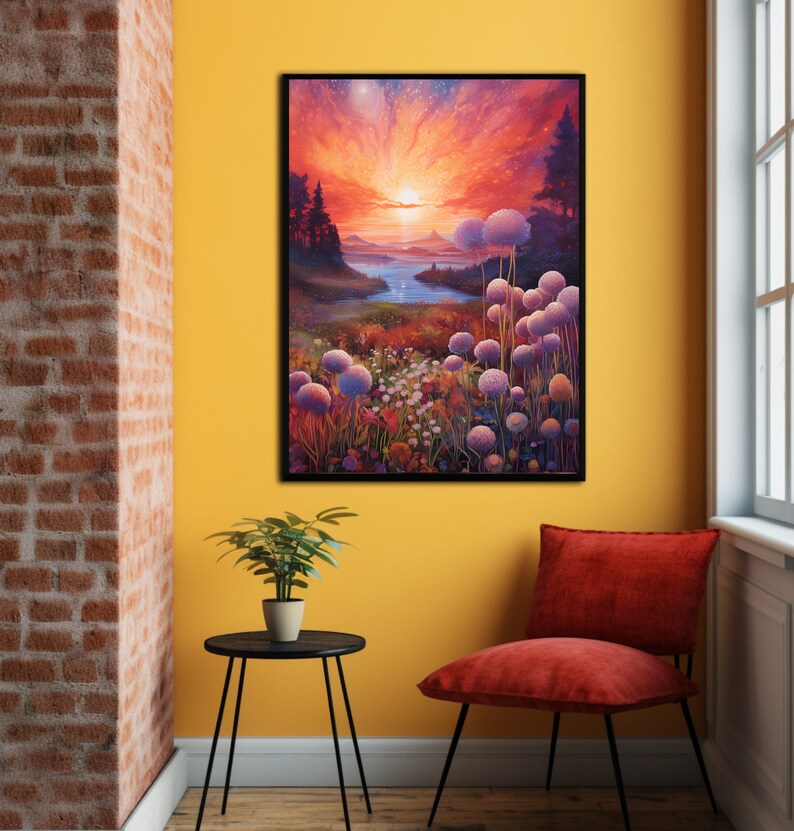 Puede incluir: Una impresi&oacute;n art&iacute;stica enmarcada representa una vibrante puesta de sol sobre un r&iacute;o y un campo de flores. La obra de arte presenta un cielo colorido con tonos de rojo, naranja y morado. Grandes flores esf&eacute;ricas moradas est&aacute;n en primer plano.