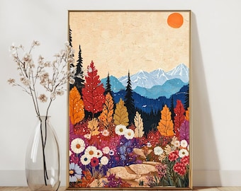 May include: A framed landscape painting depicts a vibrant forest scene. The artwork features colorful trees in shades of red, orange, and yellow, with a backdrop of blue mountains and a bright orange sun. A variety of flowers are in the foreground.