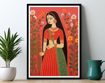 Princesa india en jardín Arte de templo indio Arte mural indio Impresión de jardín indio Imprimible popular indio Pintura Pichwai Pintura india