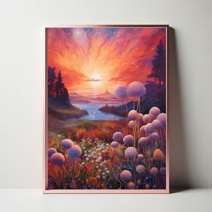 Puede incluir: Una impresi&oacute;n art&iacute;stica enmarcada que representa una puesta de sol sobre un lago y monta&ntilde;as. La obra de arte muestra un campo de flores moradas en primer plano, con &aacute;rboles y un cielo colorido. El marco es de color oro rosa claro.
