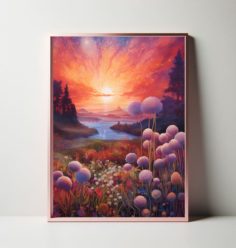 Puede incluir: Una impresi&oacute;n art&iacute;stica enmarcada que representa una puesta de sol sobre un lago y monta&ntilde;as. La obra de arte muestra un campo de flores moradas en primer plano, con &aacute;rboles y un cielo colorido. El marco es de color oro rosa claro.