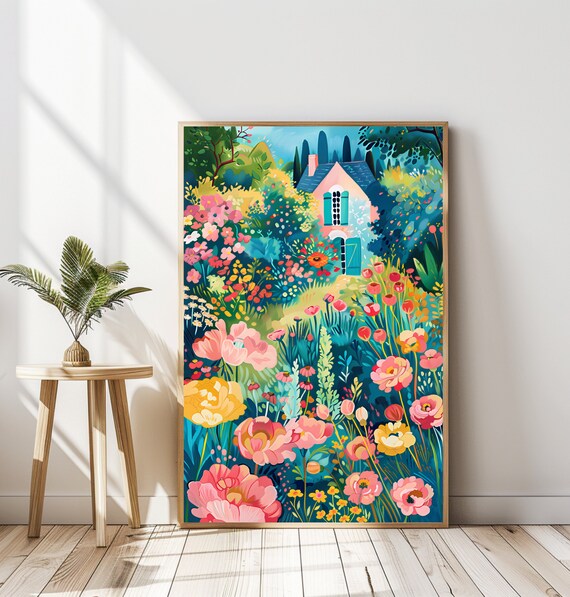 Flower Garden Print Bright Colorful Garden Art Vibrant Cottage Garden Print Colorful Scenery Wall Art Floral Landscape Whimsical Landscape