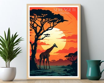 May include: A framed art print featuring a stylized illustration of the Serengeti in Tanzania. The artwork depicts a giraffe standing in a savanna landscape with a large sun setting in the background. The print has a warm color palette of orange, yellow, and brown.