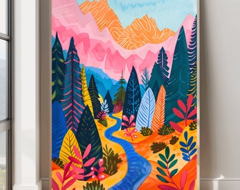 Abstract Mountain Wall Art Vibrant Colorful Landscape Painting Colorful Wall Art Scenery Art Print Eclectic Print Floral Botanical Art Print