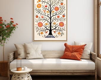 Indian Temple Art, Indian Madhubani painting, Indian Tree of Life Wall Art, Indian Floral Art Print, Indian Vintage Art, Pichwai Painting