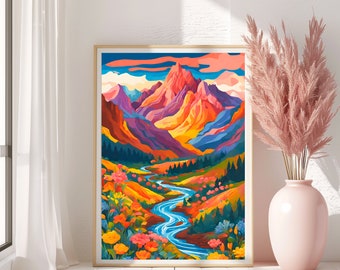 Abstract Mountain Illustration, Vibrant Mountain Art, Colorful Wall Art, Abstract Art, Illustration, Living Room Print, Scenery, Floral Art