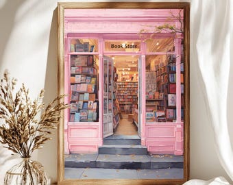 Pink bookshop illustration Pink Bookstore Print  Bookshop art Vintage Retro Bookshop art print Books Art Print Booklover Gift Reader Gift