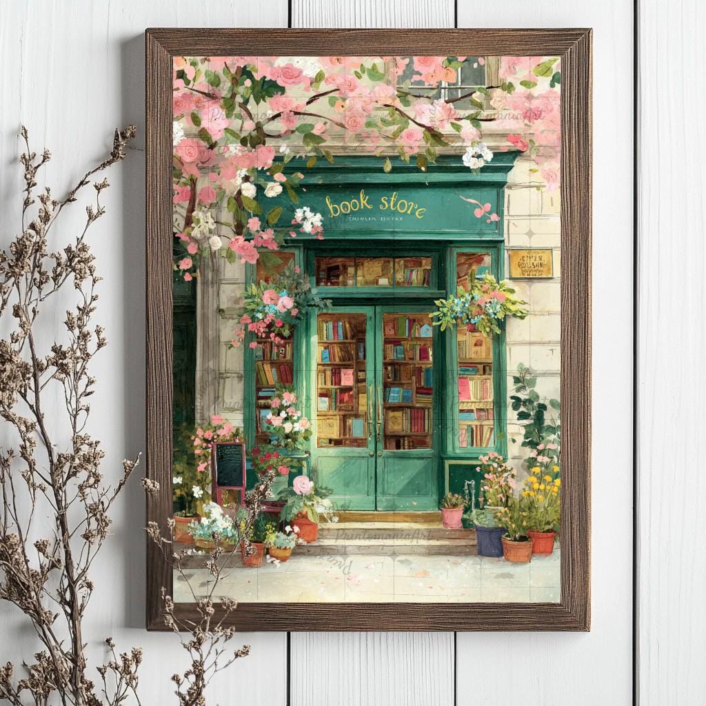 Spring Bookstore Signs Spring Bookstore Wall Art Print Floral Bookshop Painting Vintage New ...