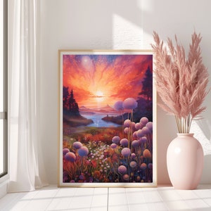 Puede incluir: Una impresi&oacute;n art&iacute;stica enmarcada representa una vibrante puesta de sol sobre un lago y monta&ntilde;as. La obra presenta un cielo colorido con tonos de rojo, naranja y amarillo. El primer plano muestra flores silvestres y flores moradas altas y redondas.