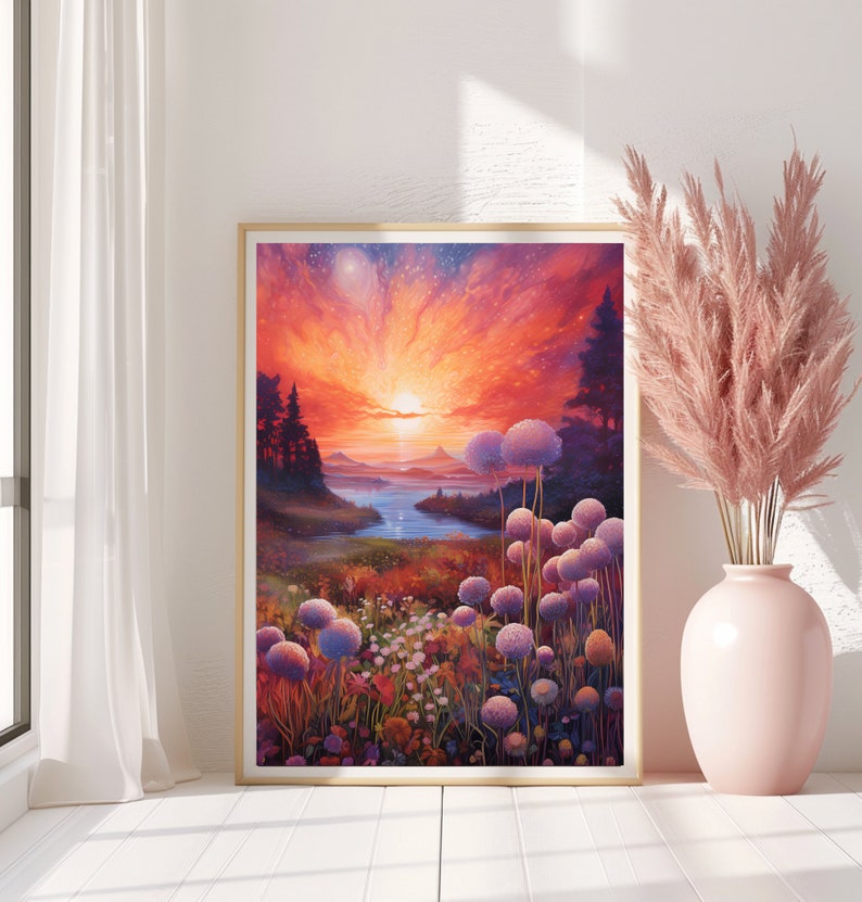 Puede incluir: Una impresi&oacute;n art&iacute;stica enmarcada representa una vibrante puesta de sol sobre un lago y monta&ntilde;as. La obra presenta un cielo colorido con tonos de rojo, naranja y amarillo. El primer plano muestra flores silvestres y flores moradas altas y redondas.