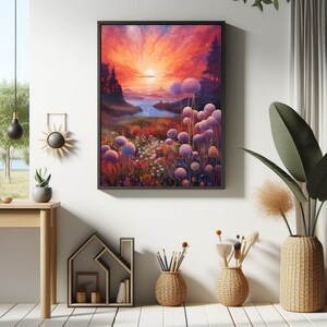 Puede incluir: Una pintura de paisaje enmarcada representa una vibrante puesta de sol sobre un r&iacute;o y un campo de flores. El cielo es una mezcla de tonos naranja, rojo y morado. El primer plano presenta flores esf&eacute;ricas moradas y blancas. La obra se exhibe en una pared blanca.