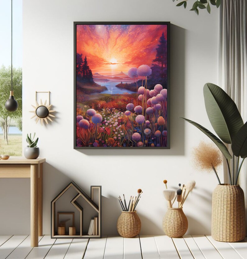Puede incluir: Una pintura de paisaje enmarcada representa una vibrante puesta de sol sobre un r&iacute;o y un campo de flores. El cielo es una mezcla de tonos naranja, rojo y morado. El primer plano presenta flores esf&eacute;ricas moradas y blancas. La obra se exhibe en una pared blanca.