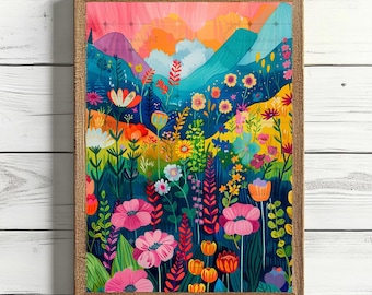 Stampa di paesaggio astratto colorato, arte luminosa e vibrante, illustrazione di montagna astratta, paesaggio montano, arte murale massimalista, arte astratta