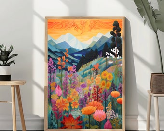 Abstract Mountain Art Vibrant Garden Print Colorful Wall Art Abstract Art Patchwork Illustration Living Room Print Scenery Art Floral Best