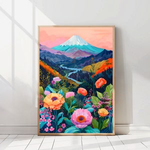 Puede incluir: Una impresi&oacute;n art&iacute;stica enmarcada que presenta un paisaje vibrante. La obra de arte representa una monta&ntilde;a nevada, un r&iacute;o y flores coloridas en primer plano. La paleta de colores incluye tonos de rosa, naranja, azul y verde, creando una escena alegre.