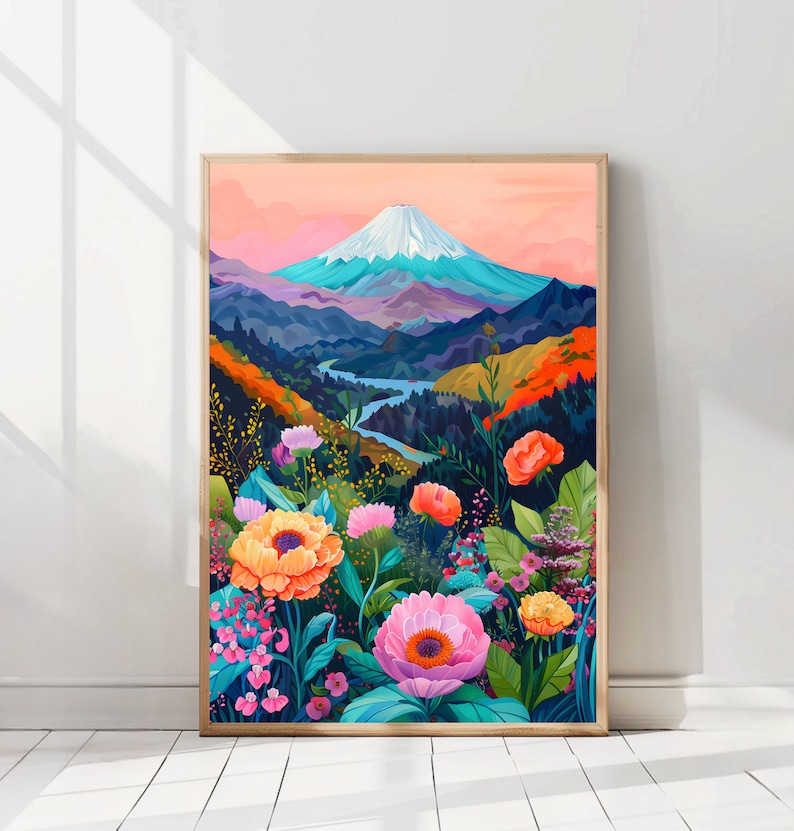 Puede incluir: Una impresi&oacute;n art&iacute;stica enmarcada que presenta un paisaje vibrante. La obra de arte representa una monta&ntilde;a nevada, un r&iacute;o y flores coloridas en primer plano. La paleta de colores incluye tonos de rosa, naranja, azul y verde, creando una escena alegre.