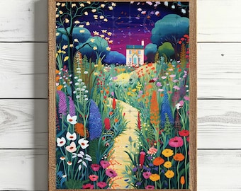Night Flower Garden Illustration Blue Garden Print Colorful Wall Art Bright Whimsical Garden Painting Vibrant Colorful Landscape Painting
