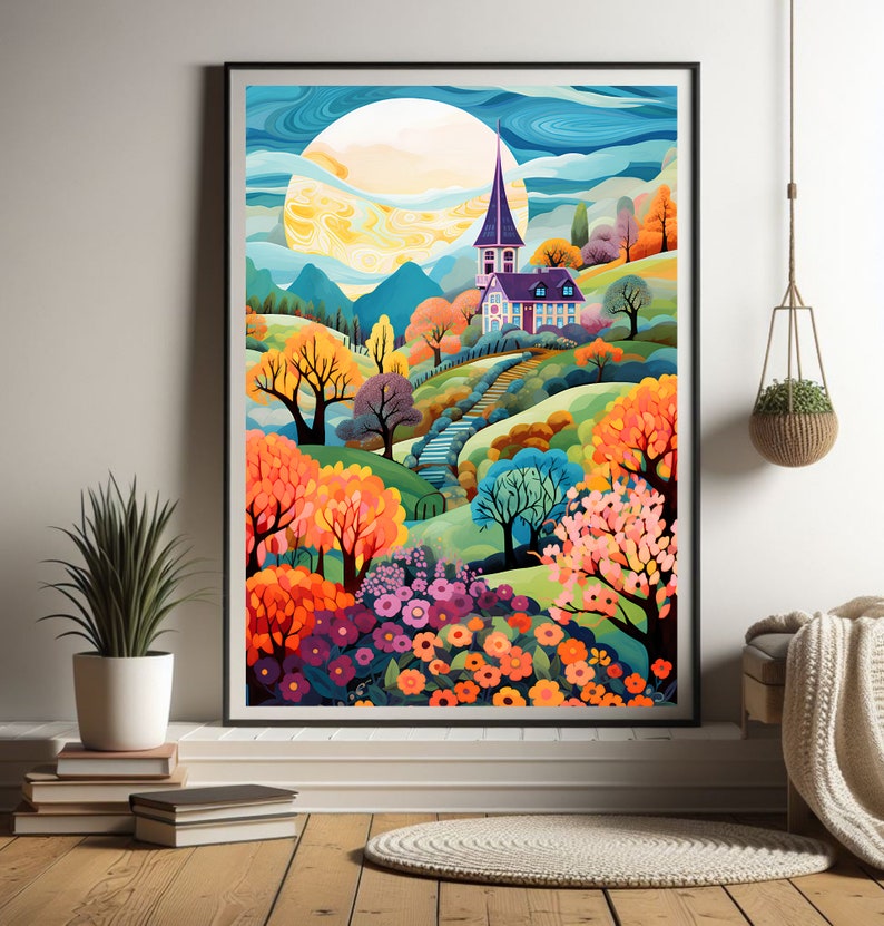 Handgemaltes Ölgemälde – Abstrakte Landschaft Im Art Deco Stil, 122x61 Cm