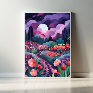 May include: A framed art print showing a colourful landscape. The artwork features a path through a field of flowers, leading to a forest and a night sky with a full moon. The colour palette includes pinks, purples, and greens.