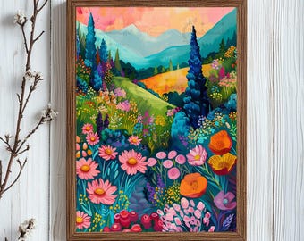 Ilustración abstracta de montaña, paisaje vibrante, arte de pared colorido, pintura de jardín, impresión maximalista, impresión de jardín con bosque brillante