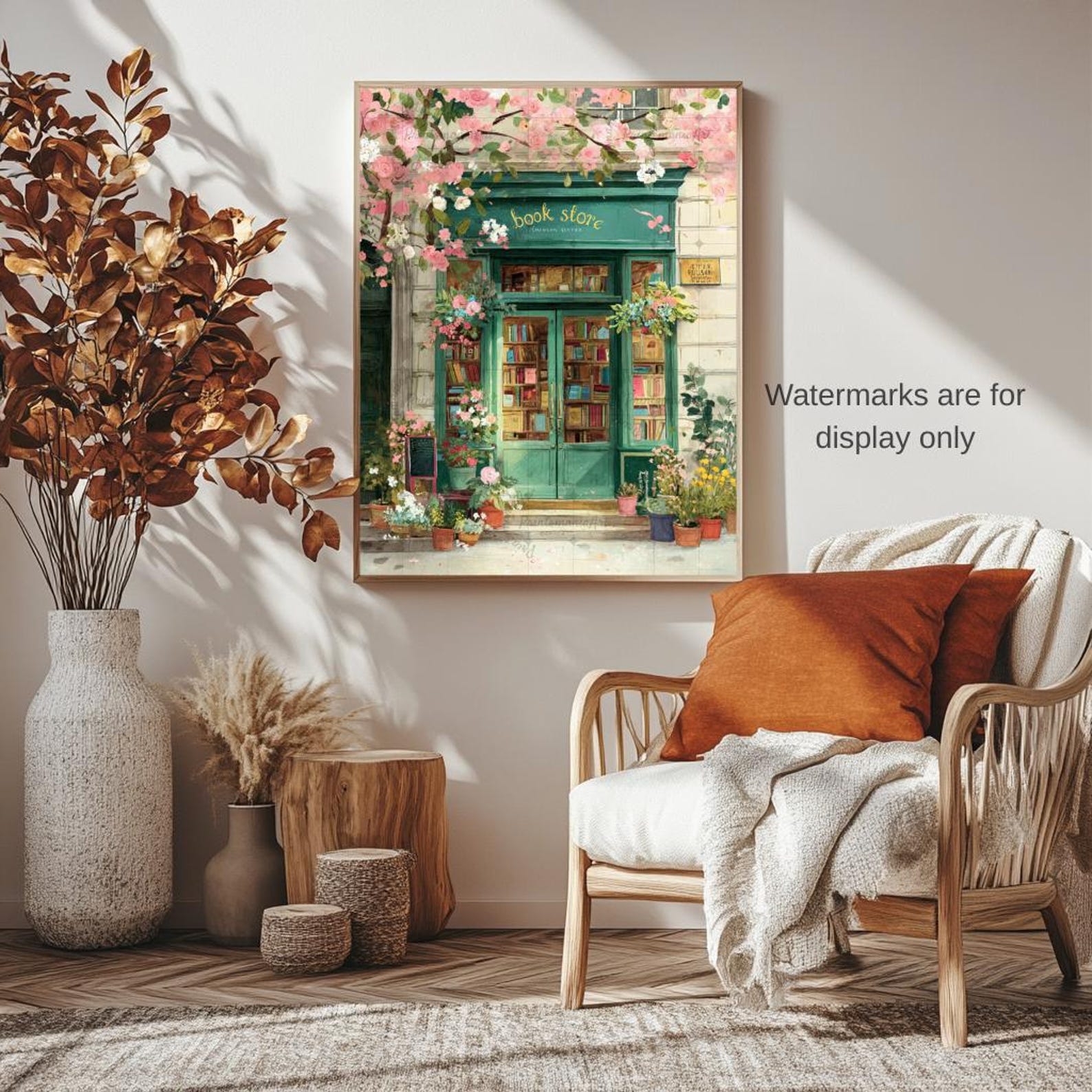 Spring Bookstore Wall Art Print Floral Bookshop Painting Vintage New ...