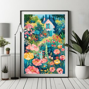Flower Garden Print Bright Colorful Garden Art Vibrant Cottage Garden Print Colorful Scenery Wall Art Floral Landscape Whimsical Landscape image 9