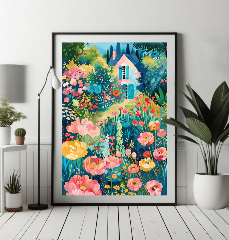 Flower Garden Print Bright Colorful Garden Art Vibrant Cottage Garden Print Colorful Scenery Wall Art Floral Landscape Whimsical Landscape image 9