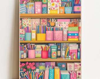 Colorful Bookshelf Illustration Pink Bookshelf Print Vibrant Books Art Floral Bookshelf Wall Art Booklover Gift Colorful Wall Art Preppy Art