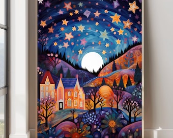 Sterrennacht landschapskunst grillige nacht weide print sterrenhemel print bloemen weide landschapskunst kleurrijke muur kunst levendige landschapskunst