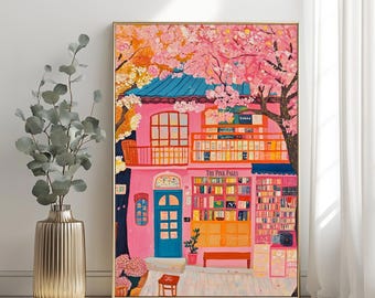 New York Bookstore Illustration Anime Style Bookshop Print NYC Pink Bookshop Poster Bookish Art Reading Art Print Library Print Books Art