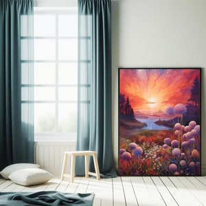 Puede incluir: Una impresi&oacute;n art&iacute;stica enmarcada representa una vibrante puesta de sol sobre un r&iacute;o y monta&ntilde;as. La obra presenta un cielo colorido con tonos de naranja, rojo y amarillo. El primer plano muestra flores moradas y blancas.