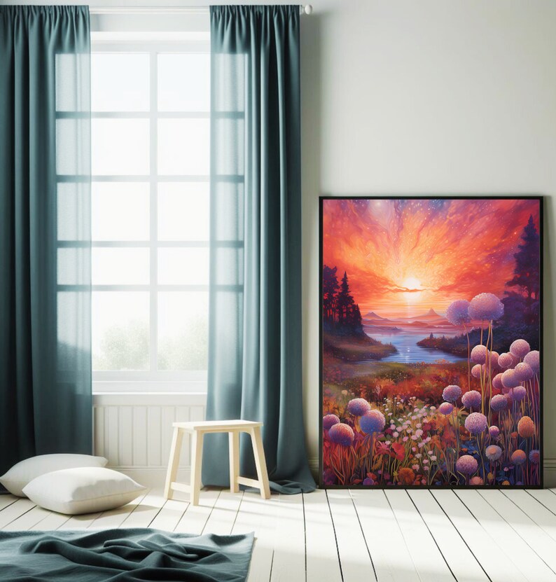 Puede incluir: Una impresi&oacute;n art&iacute;stica enmarcada representa una vibrante puesta de sol sobre un r&iacute;o y monta&ntilde;as. La obra presenta un cielo colorido con tonos de naranja, rojo y amarillo. El primer plano muestra flores moradas y blancas.