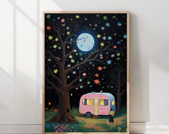 Colorful Wall Art Nature Lover Gift Starry Night Sky Forest Life Colorful Landscape Van Life Living Room Print Scenery Art Moon & Star Print