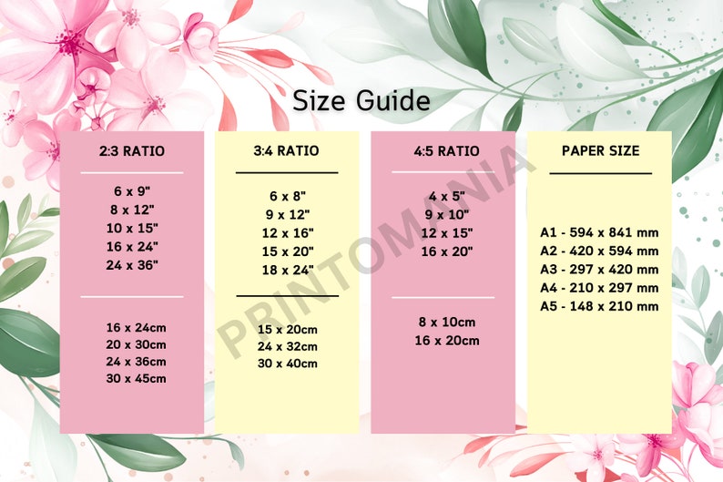 May include: A size guide chart with pink and yellow blocks, displaying print sizes in inches and centimetres. The chart includes 2:3, 3:4, and 4:5 ratios, along with paper sizes in millimetres. Floral background.