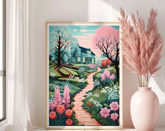 Garden Illustration Spring Garden Art Landscape Painting Floral Art Colorful Wall Art Scenery Floral Hills Abstract Art Living Room Print