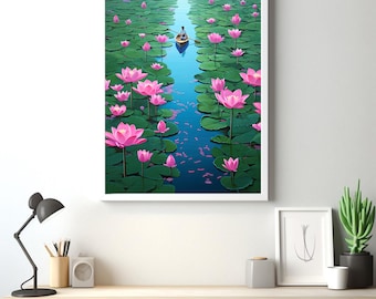 Colorful Wall Art, Water Lilies, Water Lily Pond Wall Art, Pond Scenery, Lotus Painting, Water lily painting, Blue Water Art, Floral print