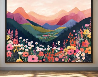 Abstract Mountain Illustration Abstract Mountain Print Vibrant Landscape Scenery Art Colorful Art Wildflower Landscape Maximalist Wall Art