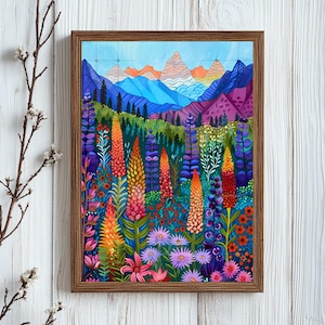 Abstract Mountain Wall Art Vibrant Colorful Landscape Painting Colorful Wall Art Scenery Art Print Eclectic Print Floral Botanical Art Print