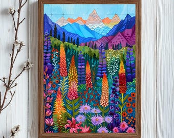 Arte abstracto de montaña para pared, pintura de paisaje vibrante y colorida, arte colorido para pared, lámina de paisaje, lámina ecléctica, lámina de arte floral botánico.