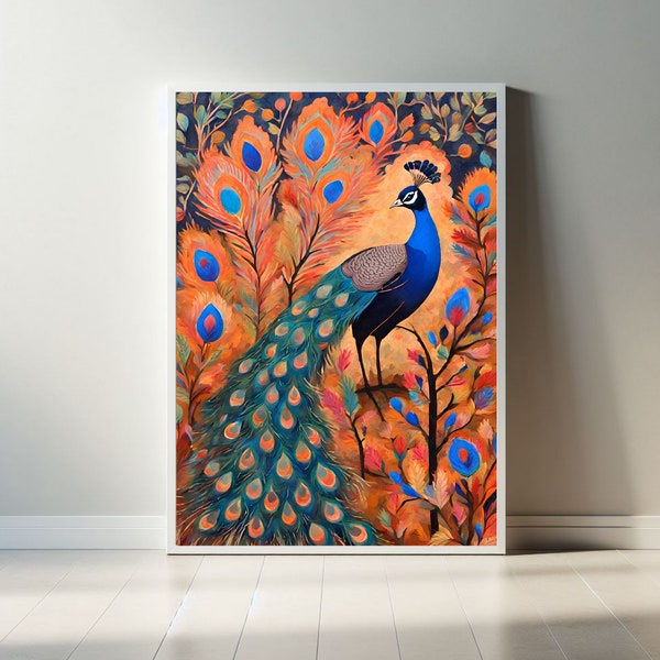 Peacock Painting, Vintage Prints, Digital Download, Tropical Wall Art, Indian Art, Animal Print, Living Room Decor, Floral Wall Art