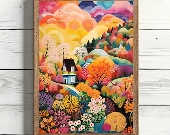 Flower Garden Illustration Colorful Wall Art Vibrant Mountain Scenery Colorful Landscape Bright Vibrant Garden Print Patchwork Floral Art
