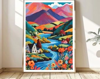 Colorful Scenery Wall Art, Lake Life,  Mountain Bright Vibrant Print, Floral Wall Art, Garden Drawing, Mount in Switzerland Painting