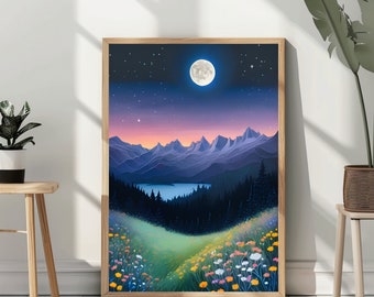 Colorful Landscape Print Vibrant Mountain Art Colorful Wall Art Mountain Print Colorful Scenery Art Night Sky Moon & Stars Print Sunset Art