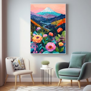Puede incluir: Una impresi&oacute;n art&iacute;stica enmarcada que representa un paisaje monta&ntilde;oso con un r&iacute;o y flores. La obra de arte presenta un pico nevado, un r&iacute;o sinuoso y flores coloridas en tonos de rosa, naranja y amarillo. El fondo incluye exuberante vegetaci&oacute;n y un cielo pastel.