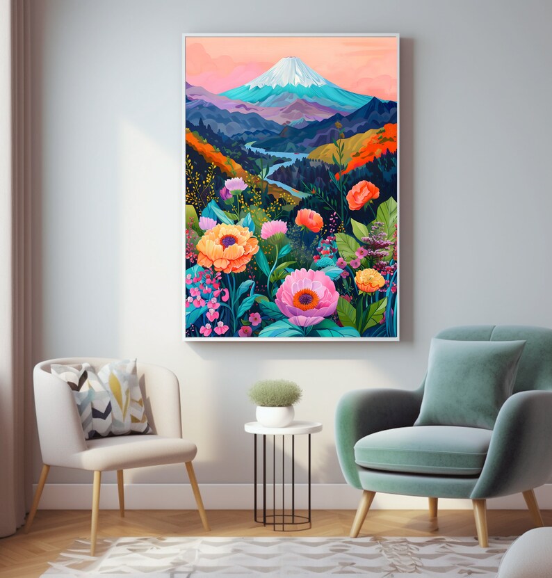 Puede incluir: Una impresi&oacute;n art&iacute;stica enmarcada que representa un paisaje monta&ntilde;oso con un r&iacute;o y flores. La obra de arte presenta un pico nevado, un r&iacute;o sinuoso y flores coloridas en tonos de rosa, naranja y amarillo. El fondo incluye exuberante vegetaci&oacute;n y un cielo pastel.