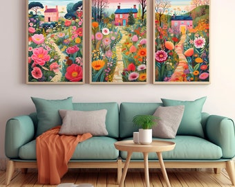 Flower Garden Illustration Set of 3 Colorful Wall Art Summer Bright Vibrant Print Printable Digital Floral Botanical Drawing Patchwork Art