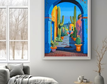 Marrakesh Artwork, Abstract Mediterranean facade in blue, Mediterranean architecture, minimalist poster, boho art, Colorful Wall Art