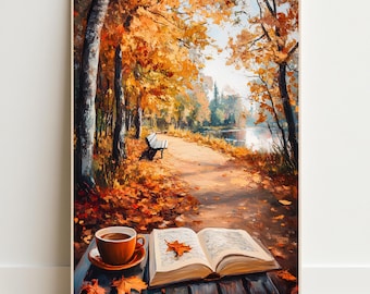 May include: An open book and a brown ceramic mug filled with coffee sit on a dark wooden surface. The background displays an oil painting of a path through a forest with orange autumn leaves, a wooden bench, and a lake under a bright sky.
