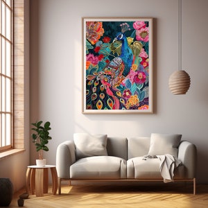 Peacock Painting, Vintage Prints, Digital Download, Tropical Wall Art, Indian Art, Animal Print, Living Room Decor, Floral Wall Art